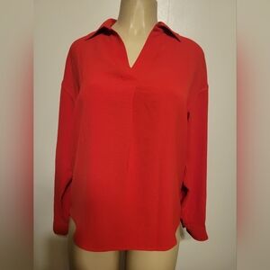Rafellla Womens Red V-Neck Blouse Demure Work Business Causal